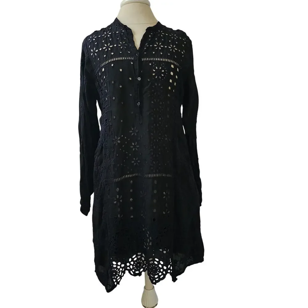 Johnny Was Embroidered Floral Eyelet Patchwork Dress black goth M tunic coastal - Picture 2 of 12